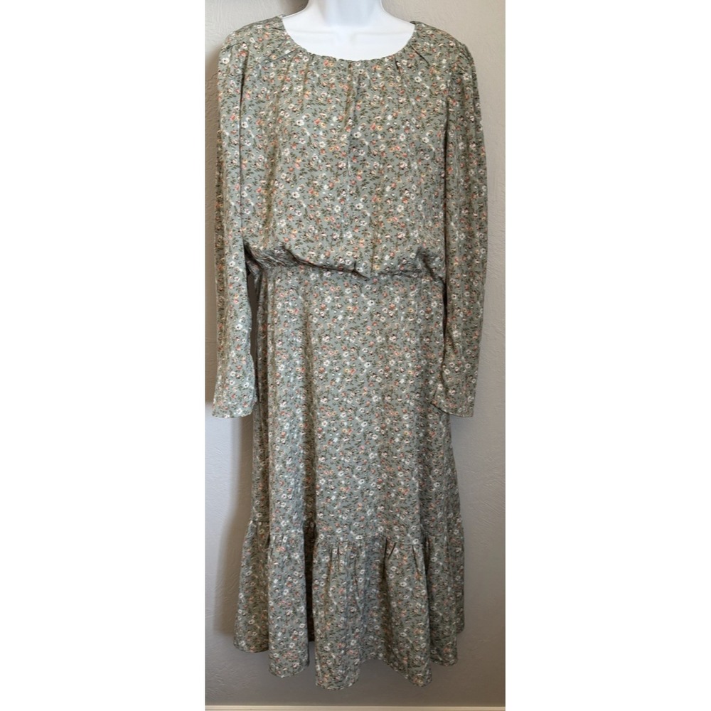 Calista Floral Midi Dress Womens Size Large Green Boho Long Sleeve Vintage Style